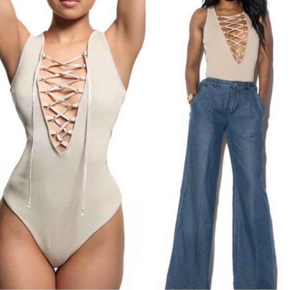 Cream Lace-Up Bodysuit